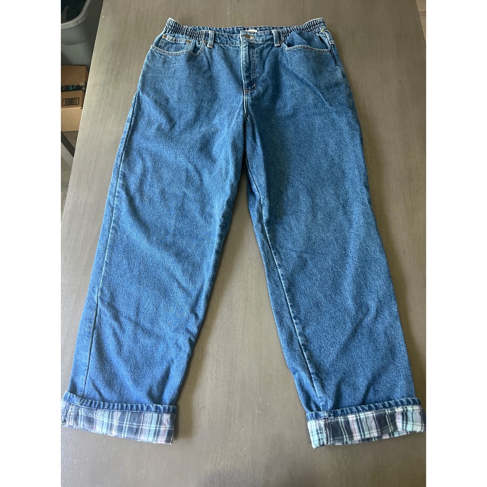 LL Bean Flannel Lined Jeans Womens 18 Reg Relaxed Fit Plaid Denim Blue 273553